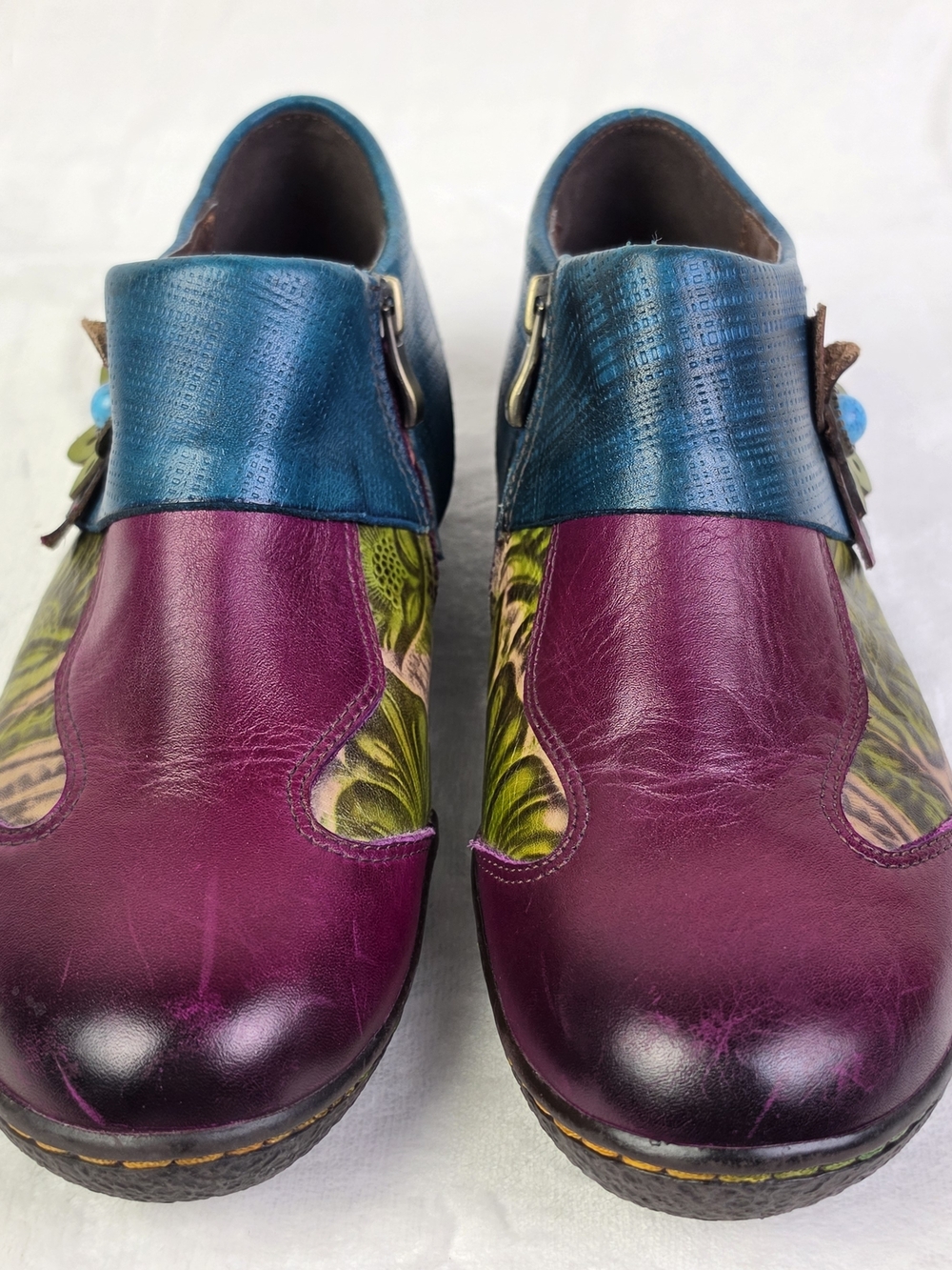 Socofy Shoes Womens 39 Floral Ankle Boots Burgundy Blue Green Zip Comfort Casual - Picture 2 of 12